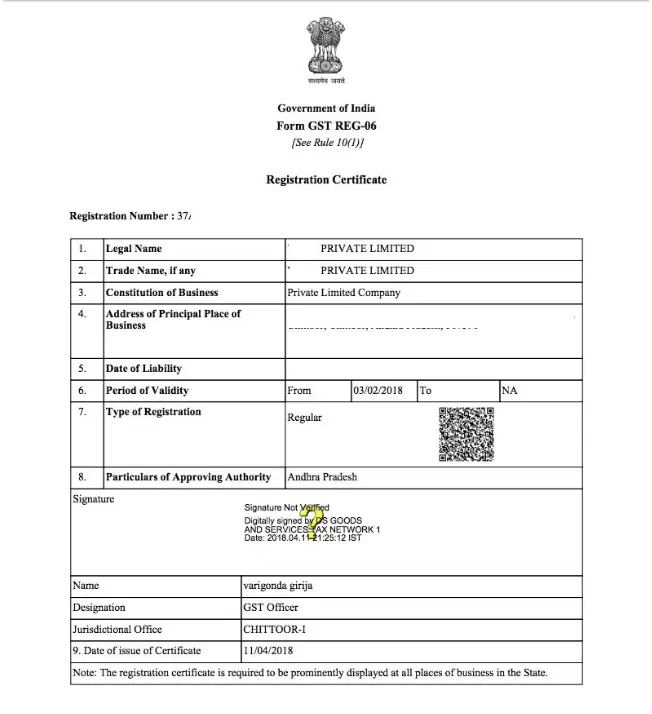 Sample GST Registration Certificate